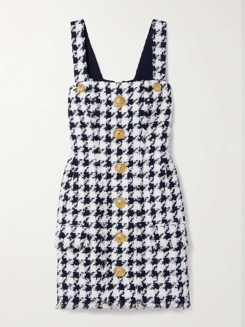 Balmain Button-embellished Frayed Tweed Mini Dress