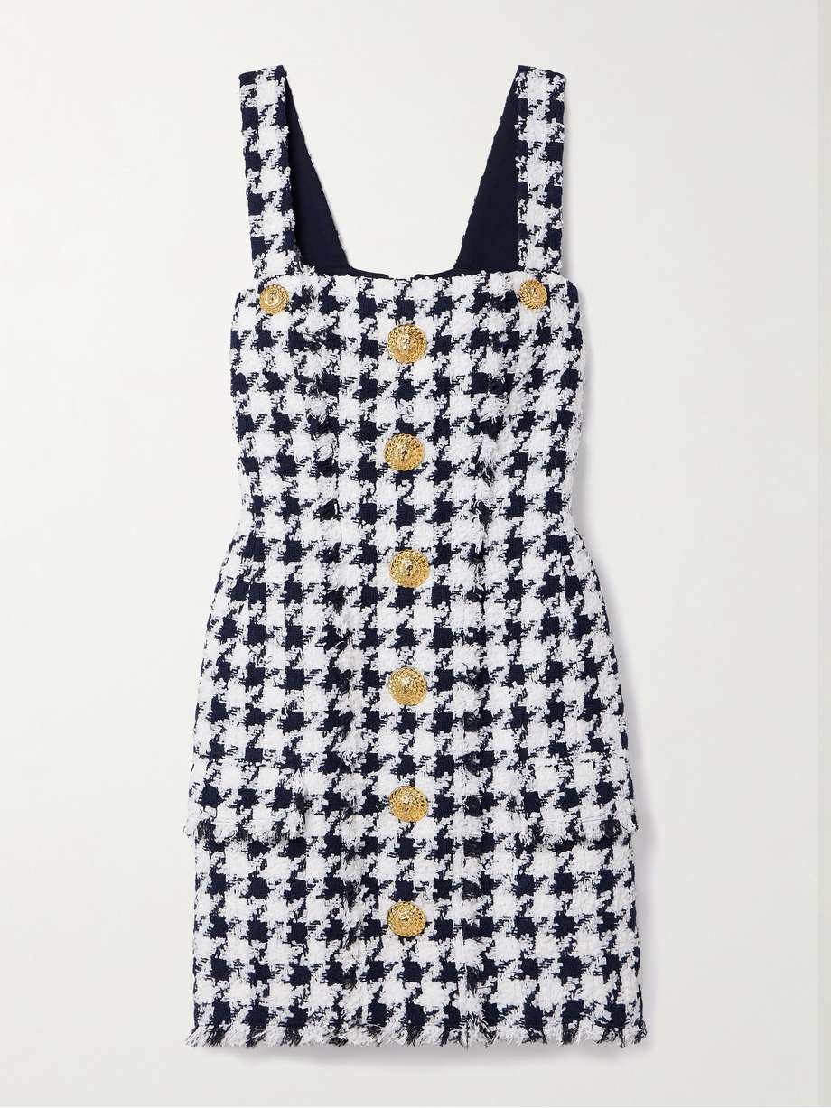 button-embellished frayed tweed mini dress