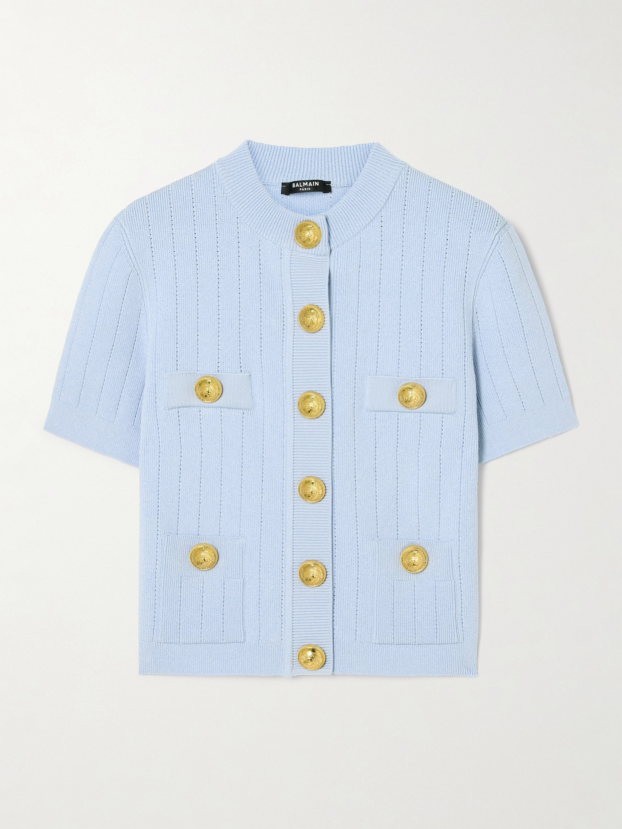 Balmain Embellished Ribbed-knit Cardigan In Blue