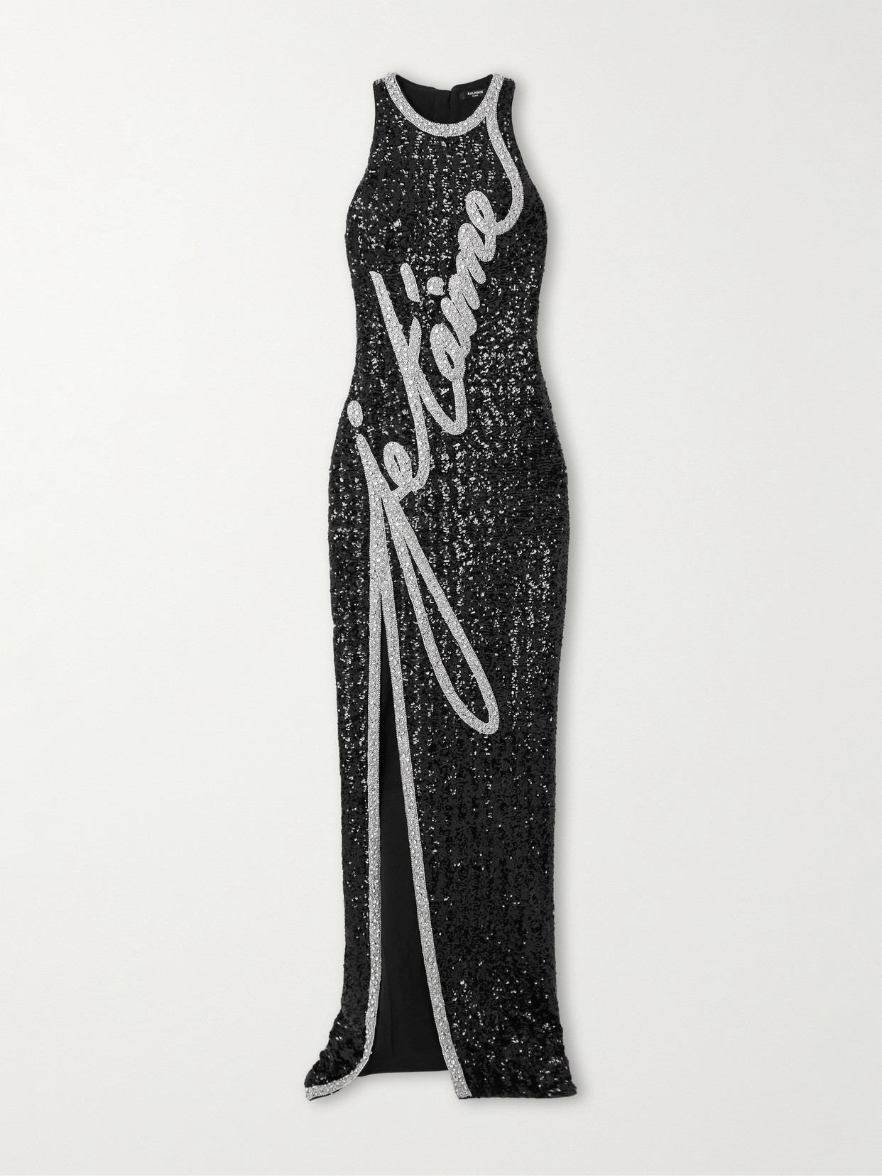 Balmain Love Letter Embroidered Sequined Gown In Black