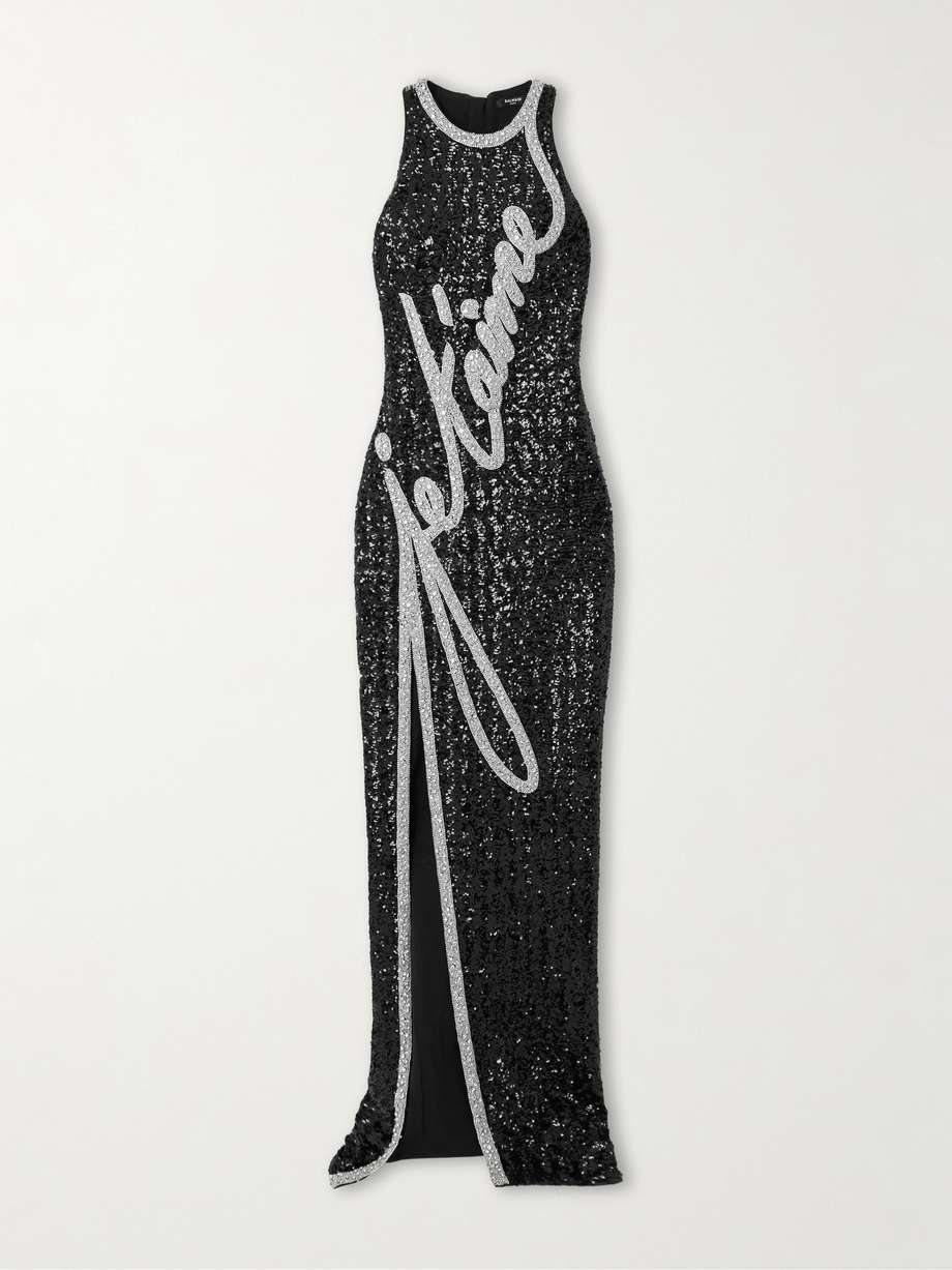 crystal-embellished sequined crepe halterneck maxi dress