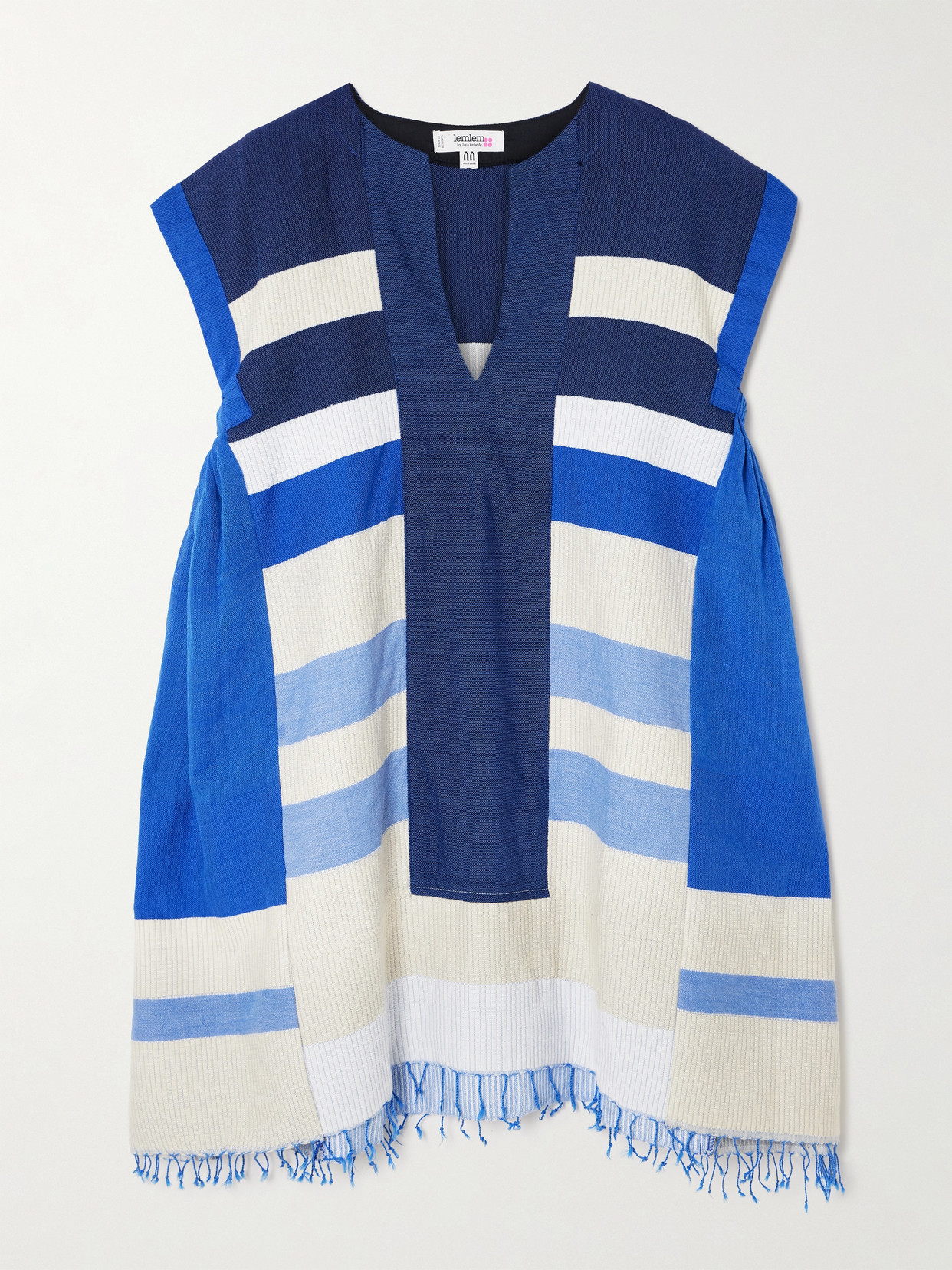 Lemlem Elina Fringed Paneled Striped Cotton Kaftan In Blue