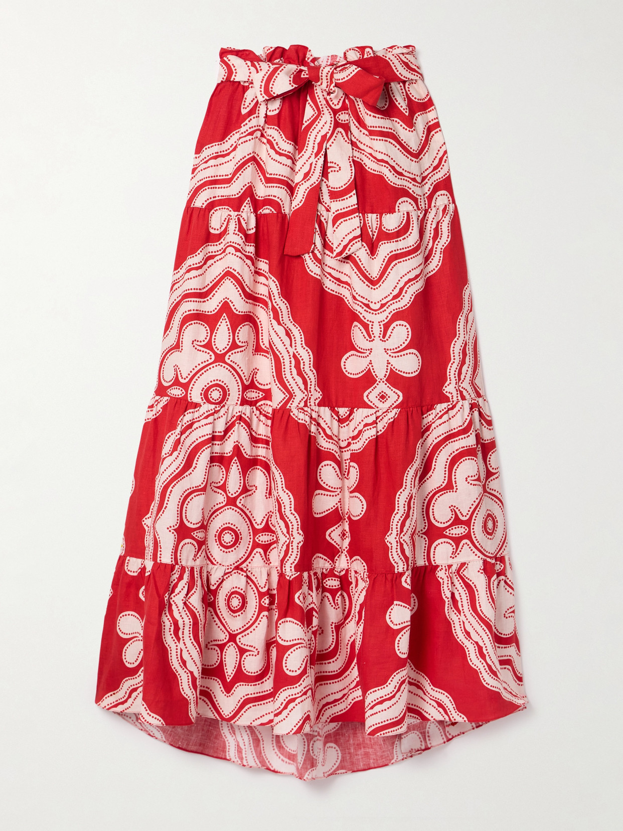 Lemlem Sanaa Belted Printed Linen Maxi Skirt In Red