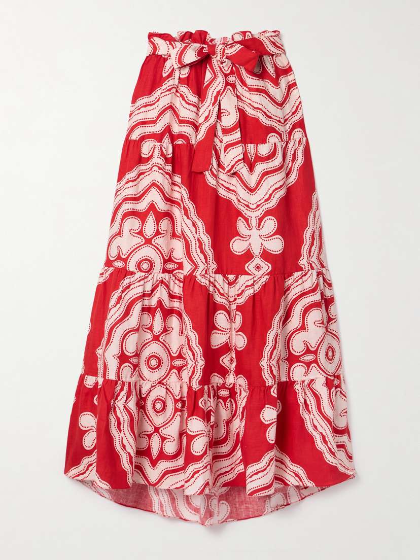 Lemlem Sanaa Belted Printed Linen Maxi Skirt