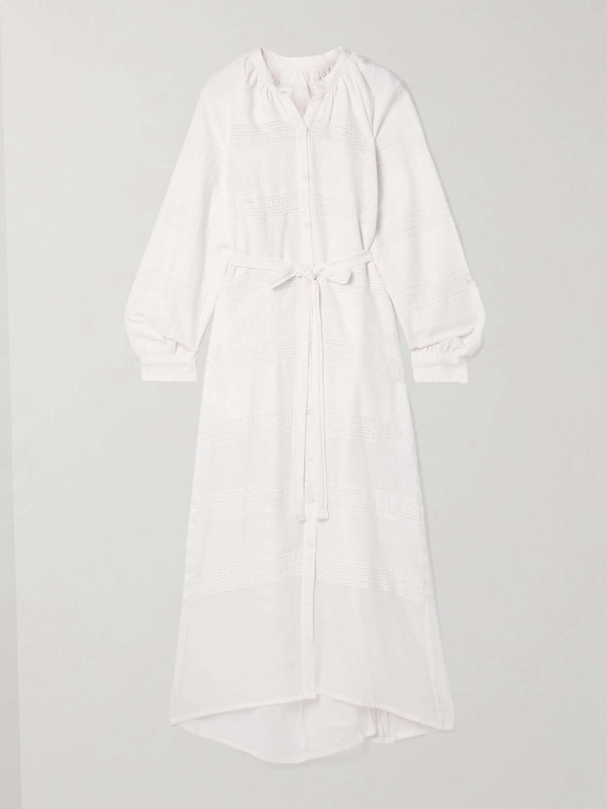 Lemlem Makeda Belted Metallic Striped Cotton-gauze Maxi Dress In White
