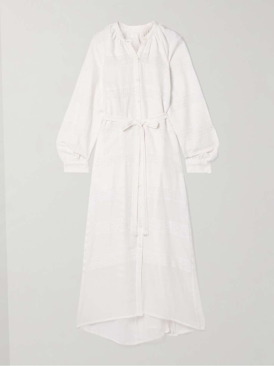 makeda belted metallic striped cotton-gauze maxi dress