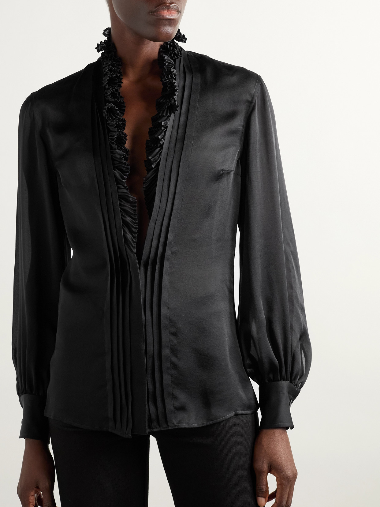Ruffled Pintucked Silk-Georgette Blouse