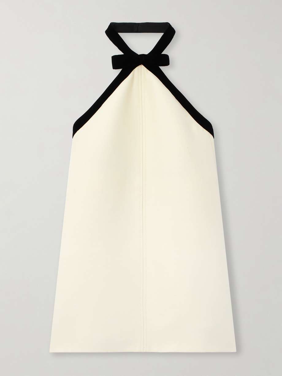 bow-embellished velvet-trimmed wool and silk-blend crepe mini dress