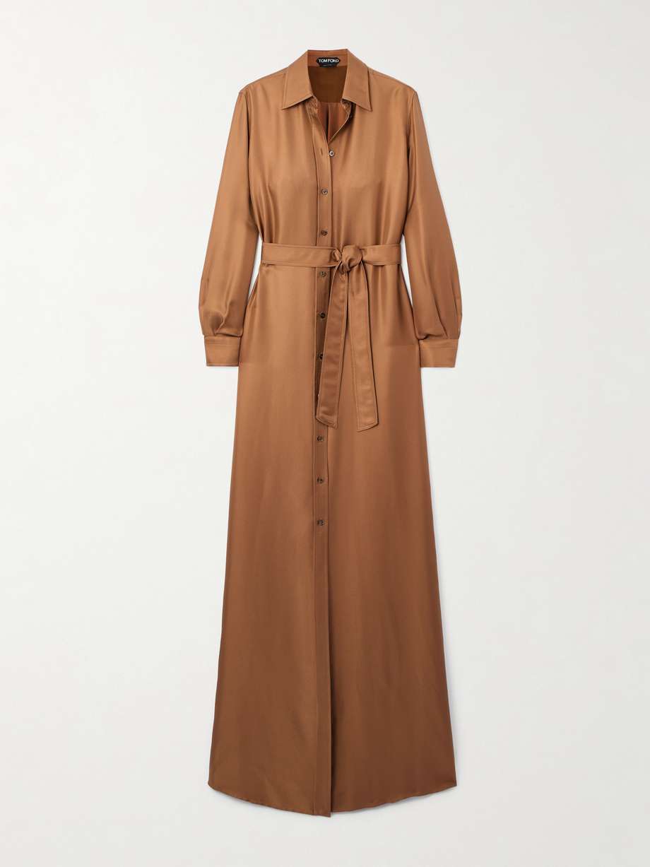 belted silk-twill maxi shirt dress