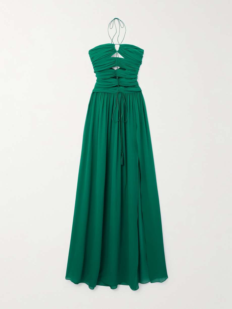 tasseled cutout silk-georgette halterneck gown
