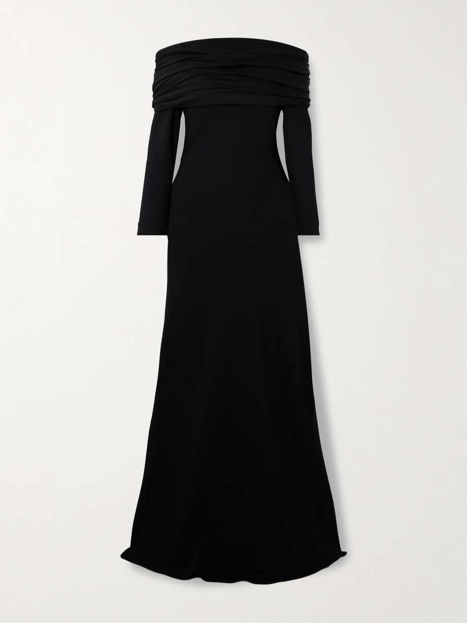 off-the-shoulder bow-embellished pleated satin-trimmed crepe maxi dress