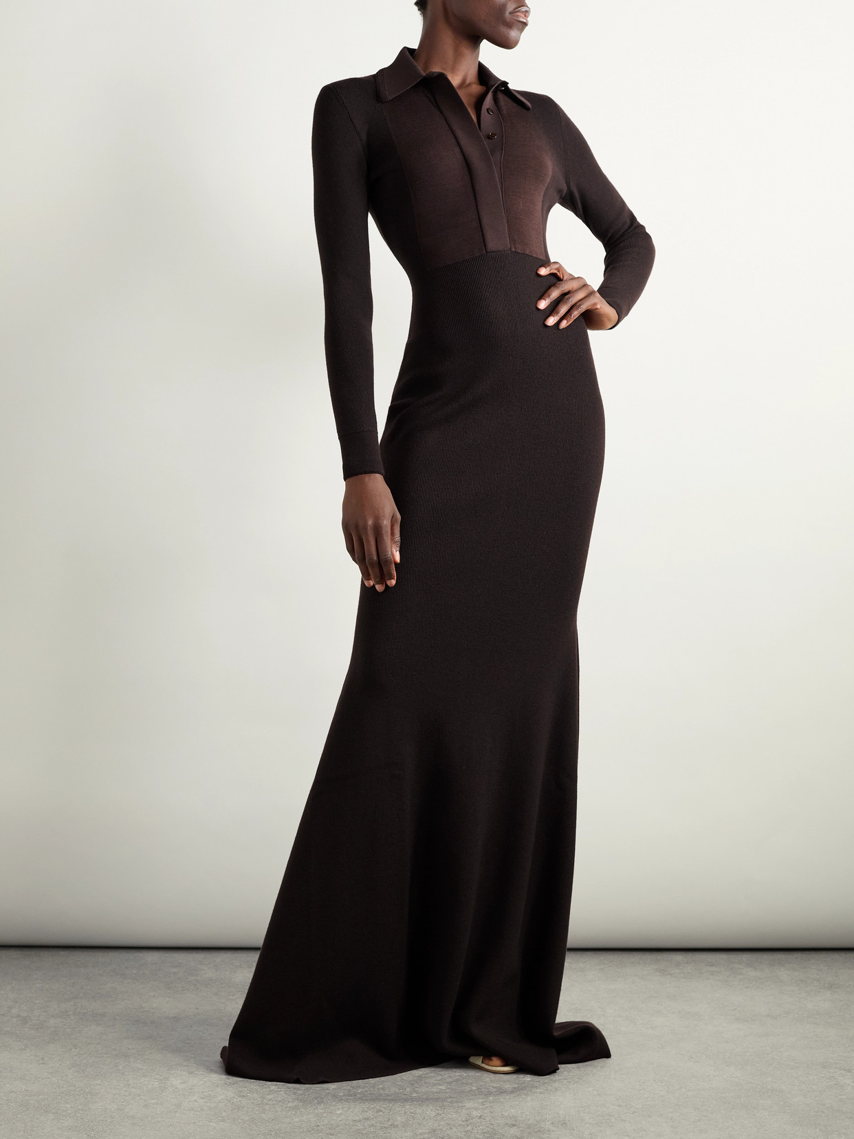 Tom Ford Ribbed Wool-blend Polo Gown In Brown