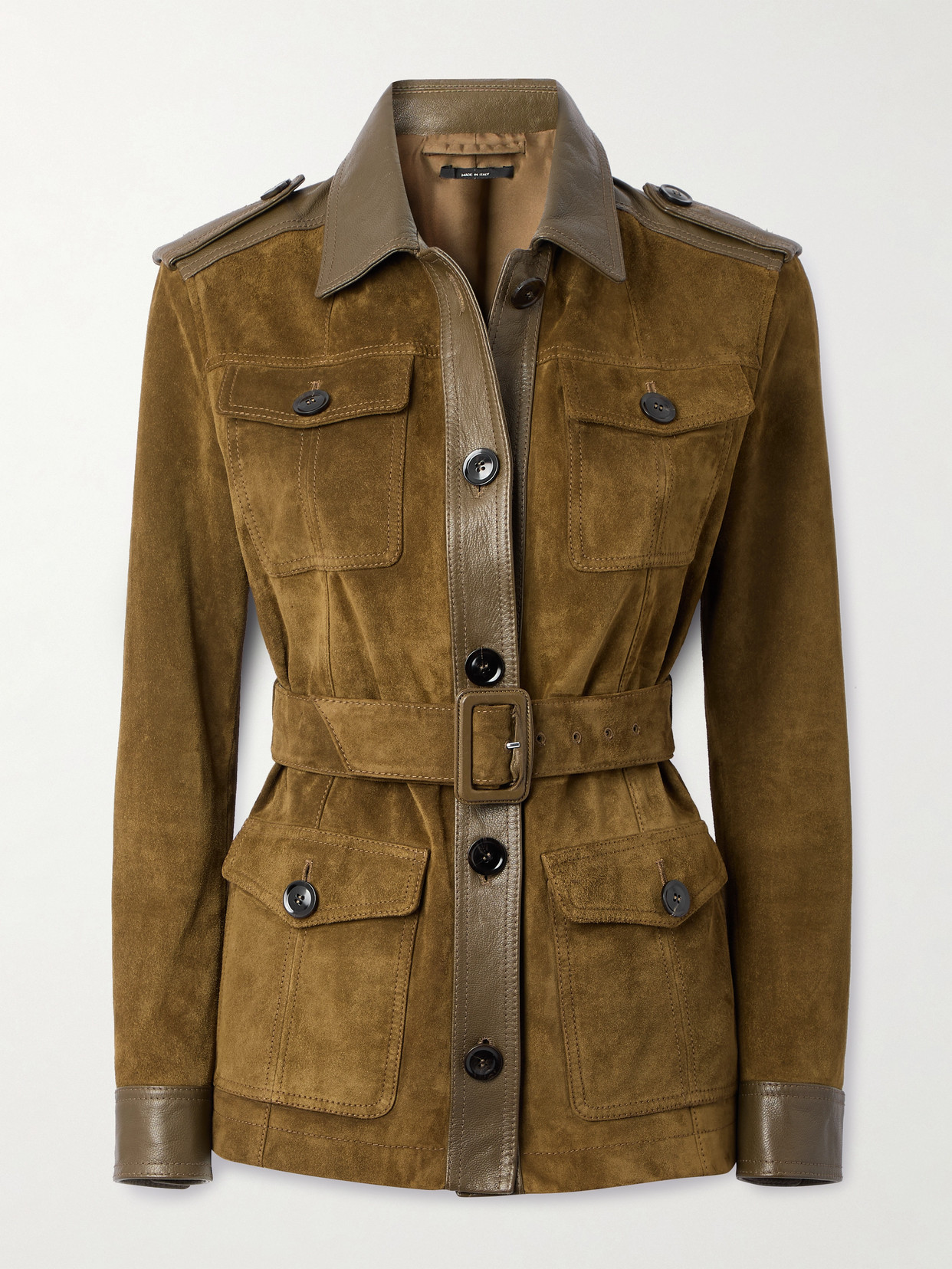 Tom Ford Belted Leather-trimmed Suede Jacket In Green