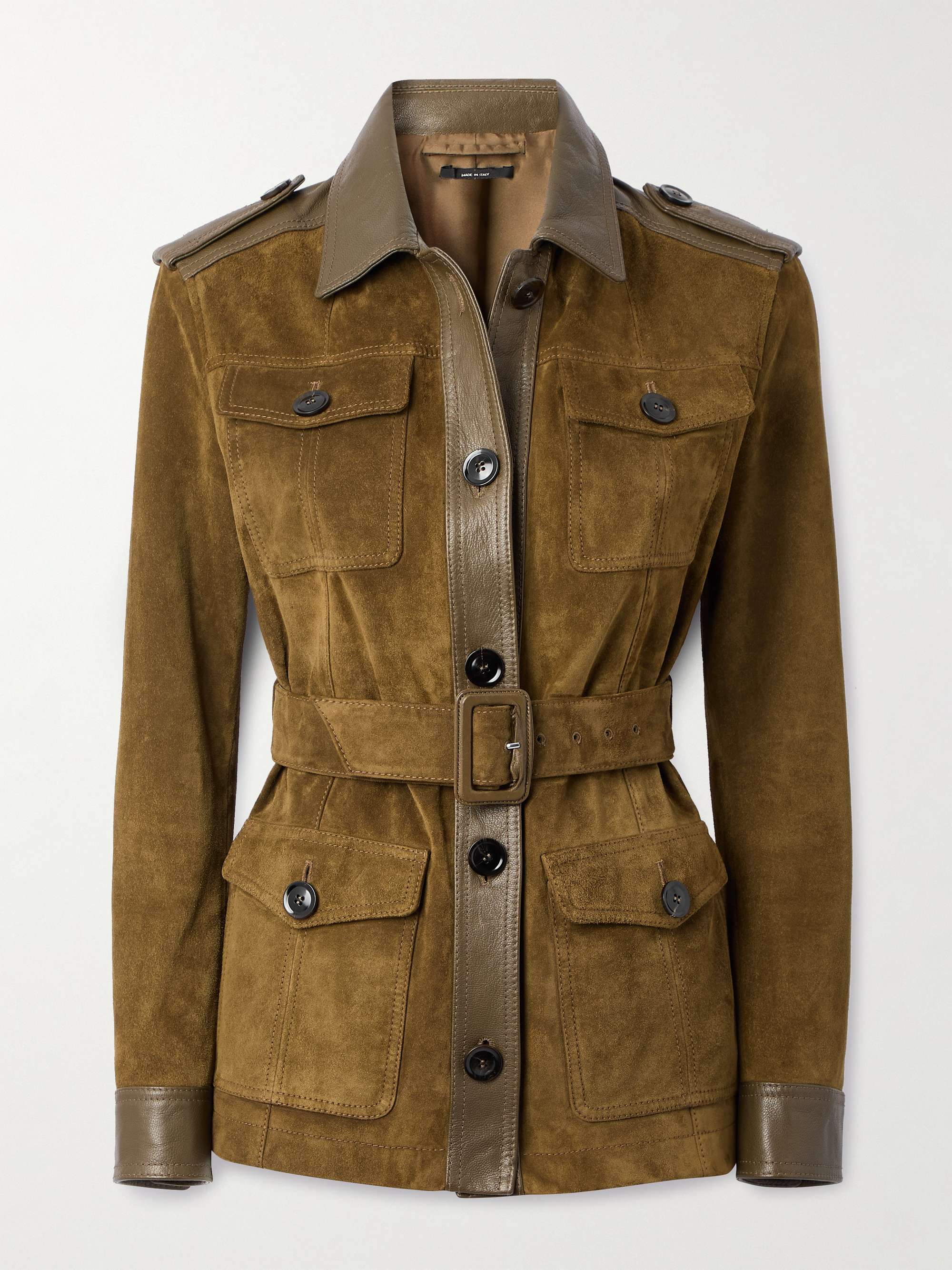 Army green Belted leather-trimmed suede jacket | TOM FORD