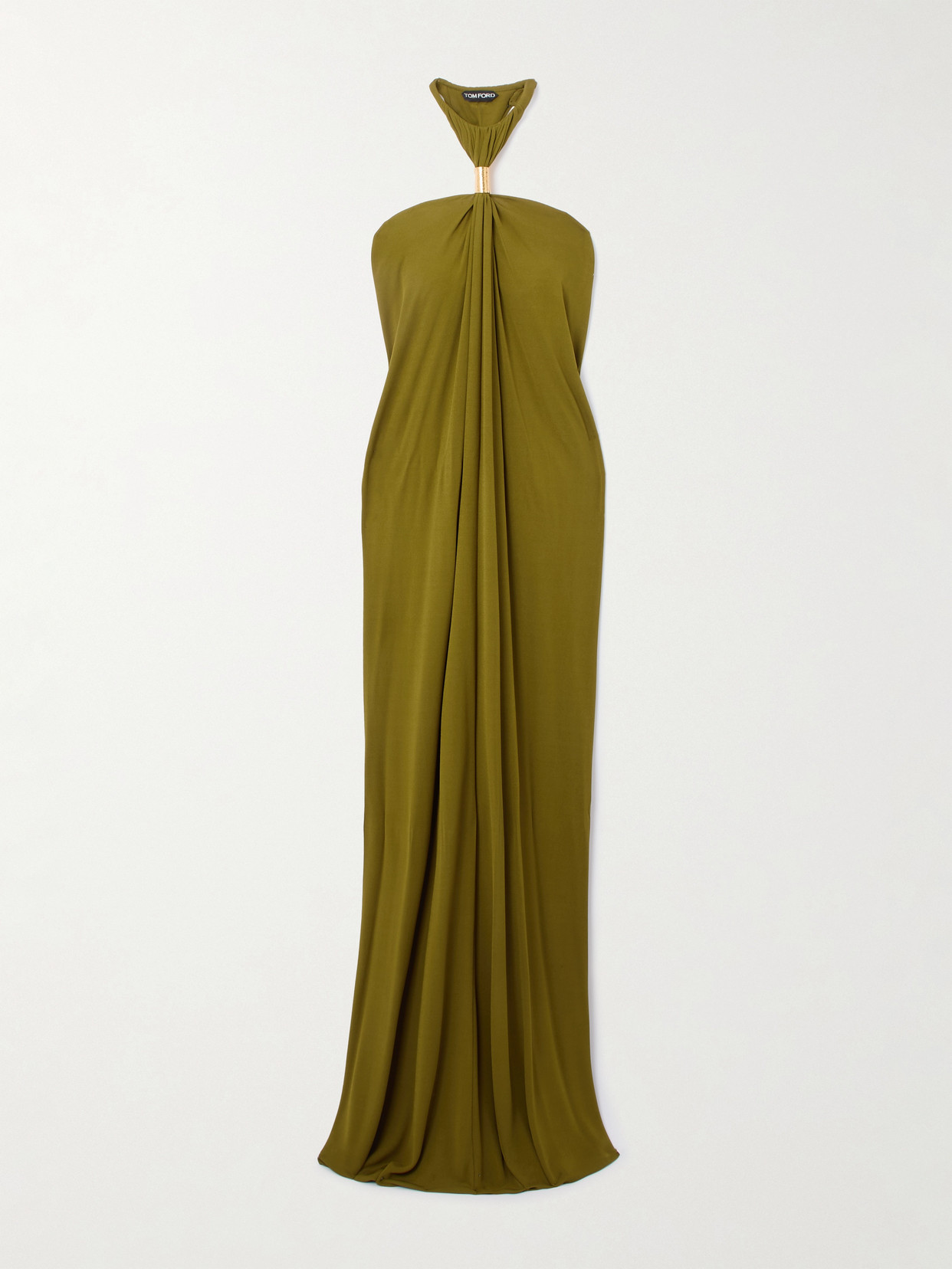 Tom Ford Gathered Embellished Jersey Halterneck Gown In Green