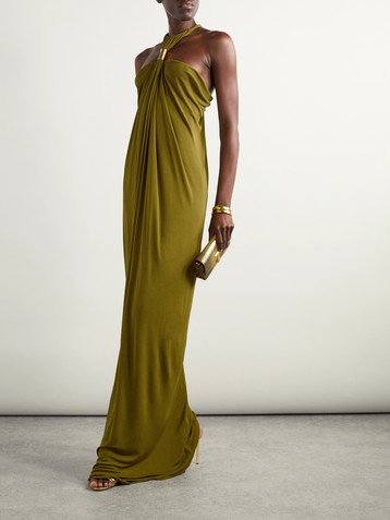 Tom Ford Gathered embellished jersey halterneck gown