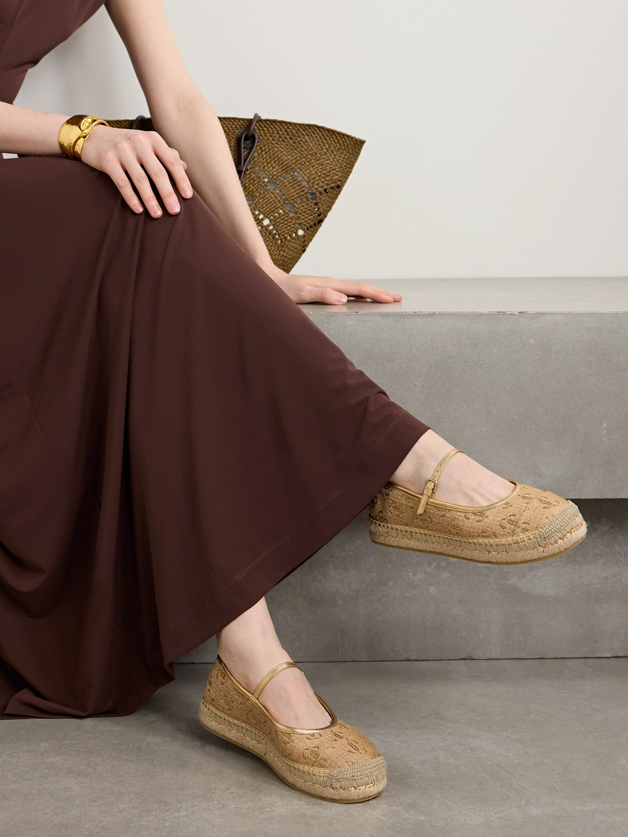 Jimmy Choo 20 Metallic Leather-trimmed Logo-embroidered Straw Platform Espadrilles In Brown