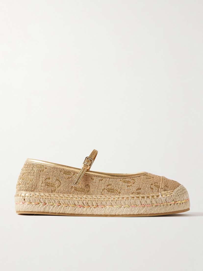 Jimmy Choo 20 Metallic Leather-trimmed Logo-embroidered Straw Platform Espadrilles