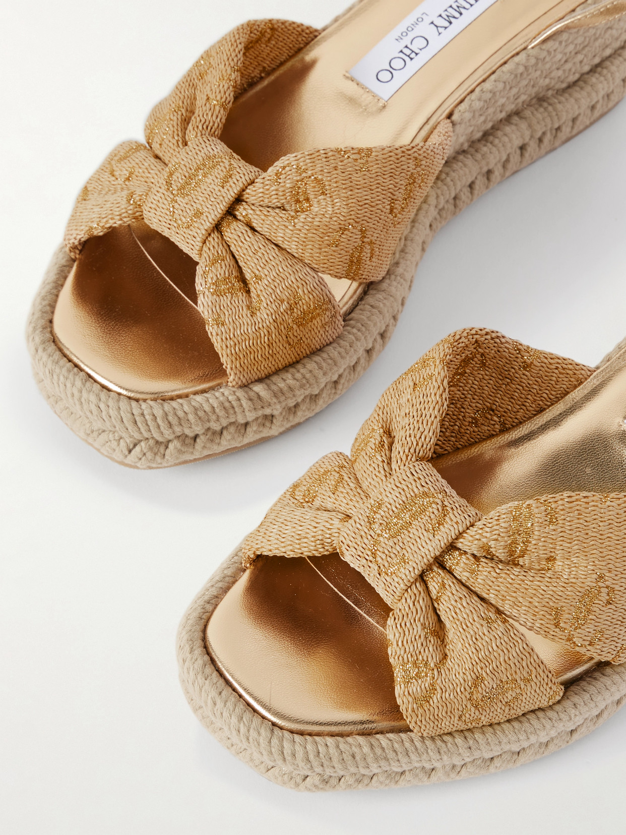 JIMMY CHOO AELLA 60 RAFFIA-JACQUARD AND LEATHER WEDGE SANDALS