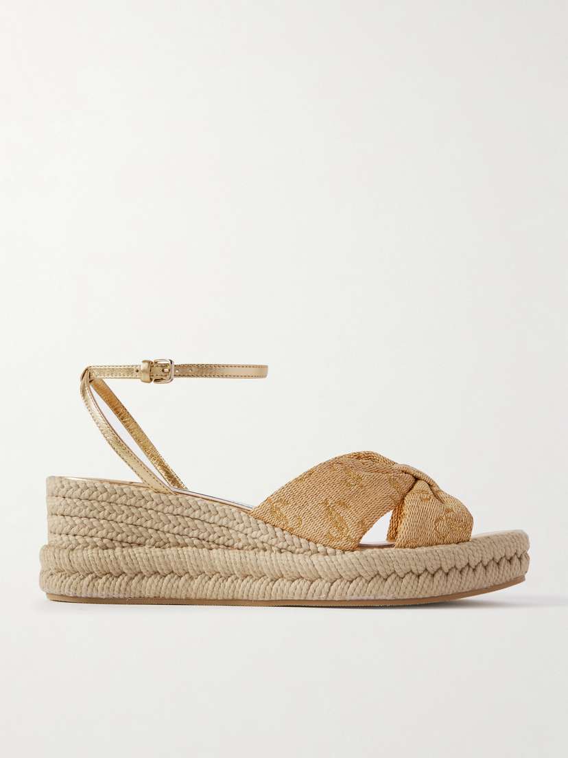 Jimmy Choo Aella 60 Raffia-jacquard And Leather Wedge Sandals