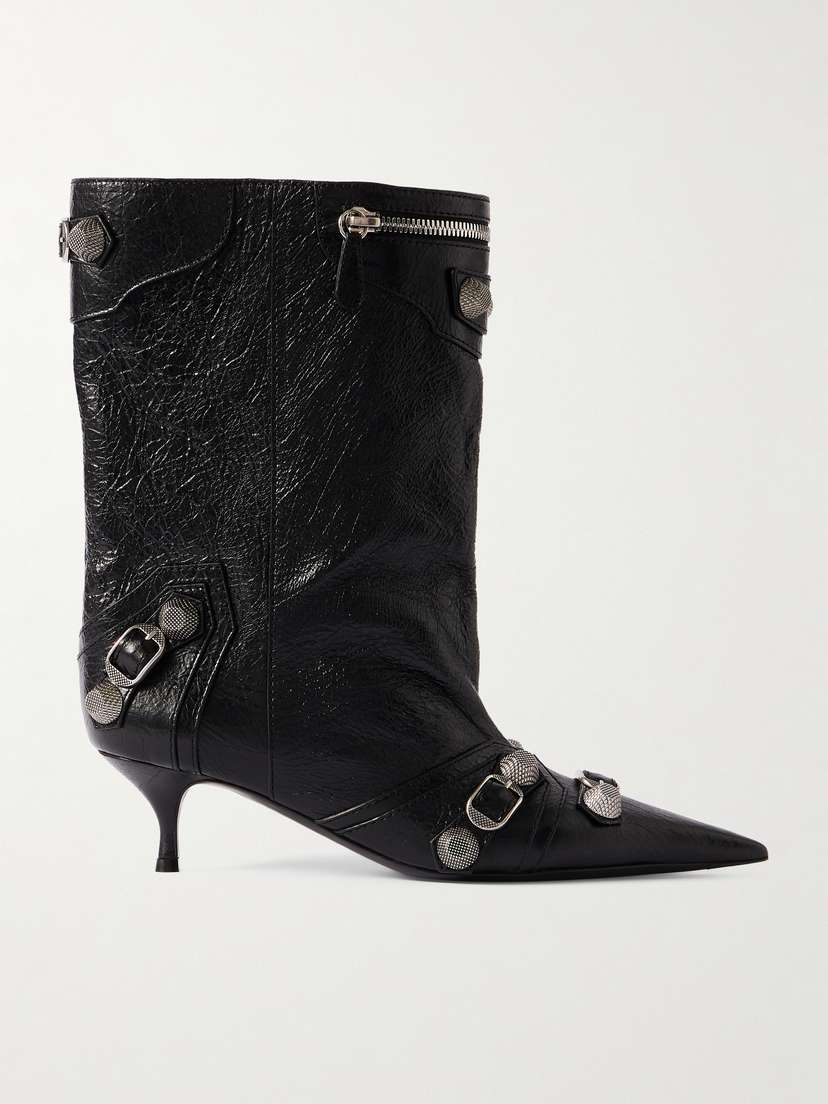 Balenciaga Cagole Zip-embellished Studded Crinkled-leather Ankle Boots