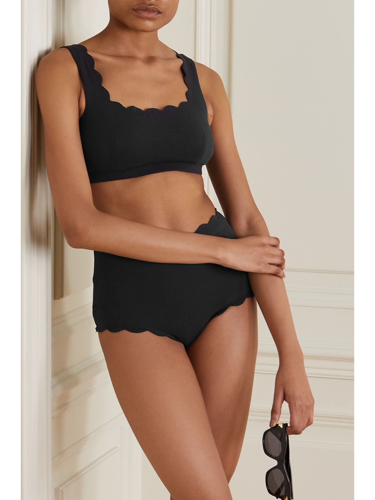 Shop Marysia Palm Springs Scalloped Recycled-seersucker Bikini Top In Black