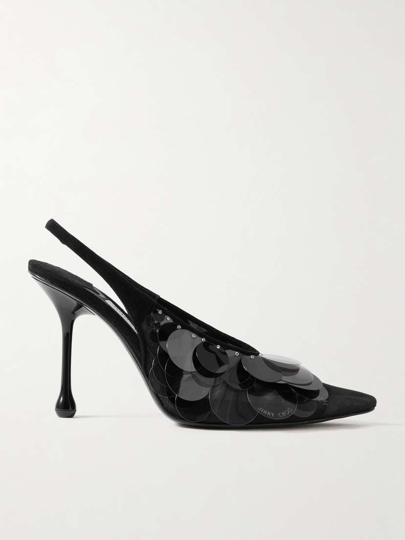 Jimmy Choo Isa 95 Embellished Suede-trimmed Mesh Slingback Pumps