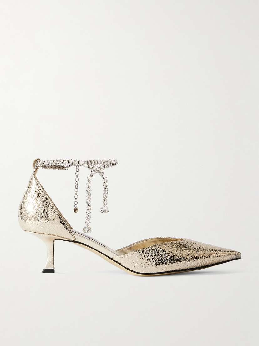 Jimmy Choo Stevie 50 Crystal-embellished Metallic Textured-leather Pumps