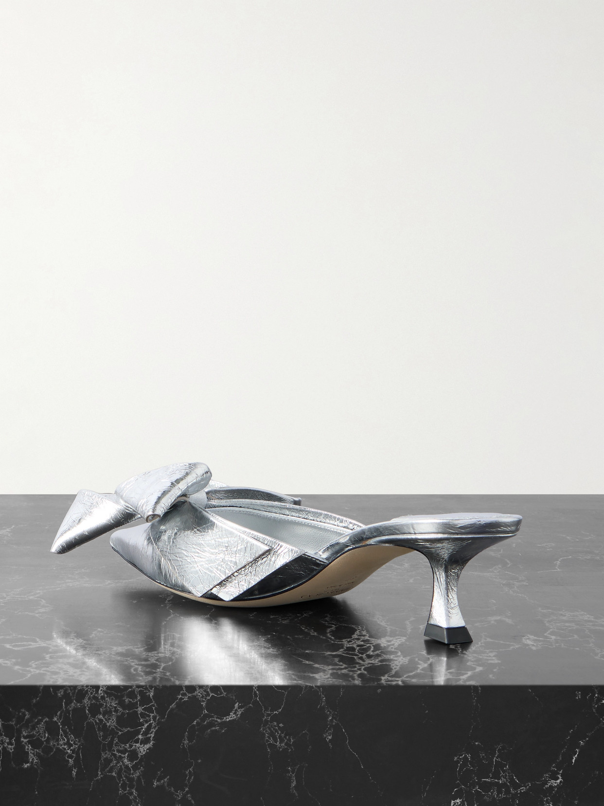 JIMMY CHOO STAZ 50 BOW-EMBELLISHED METALLIC CRINKLED-LEATHER PUMPS