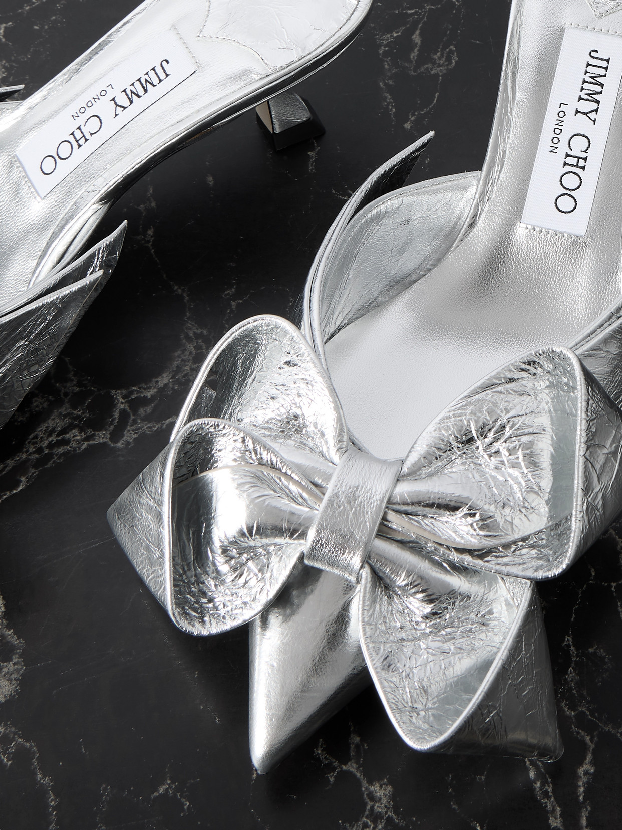 JIMMY CHOO STAZ 50 BOW-EMBELLISHED METALLIC CRINKLED-LEATHER PUMPS