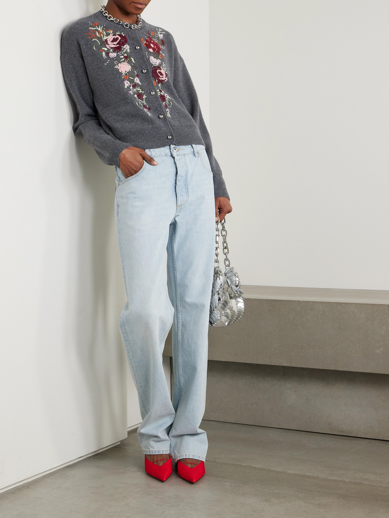 Rabanne Embroidered Wool-cashmere Cardigan In Gray