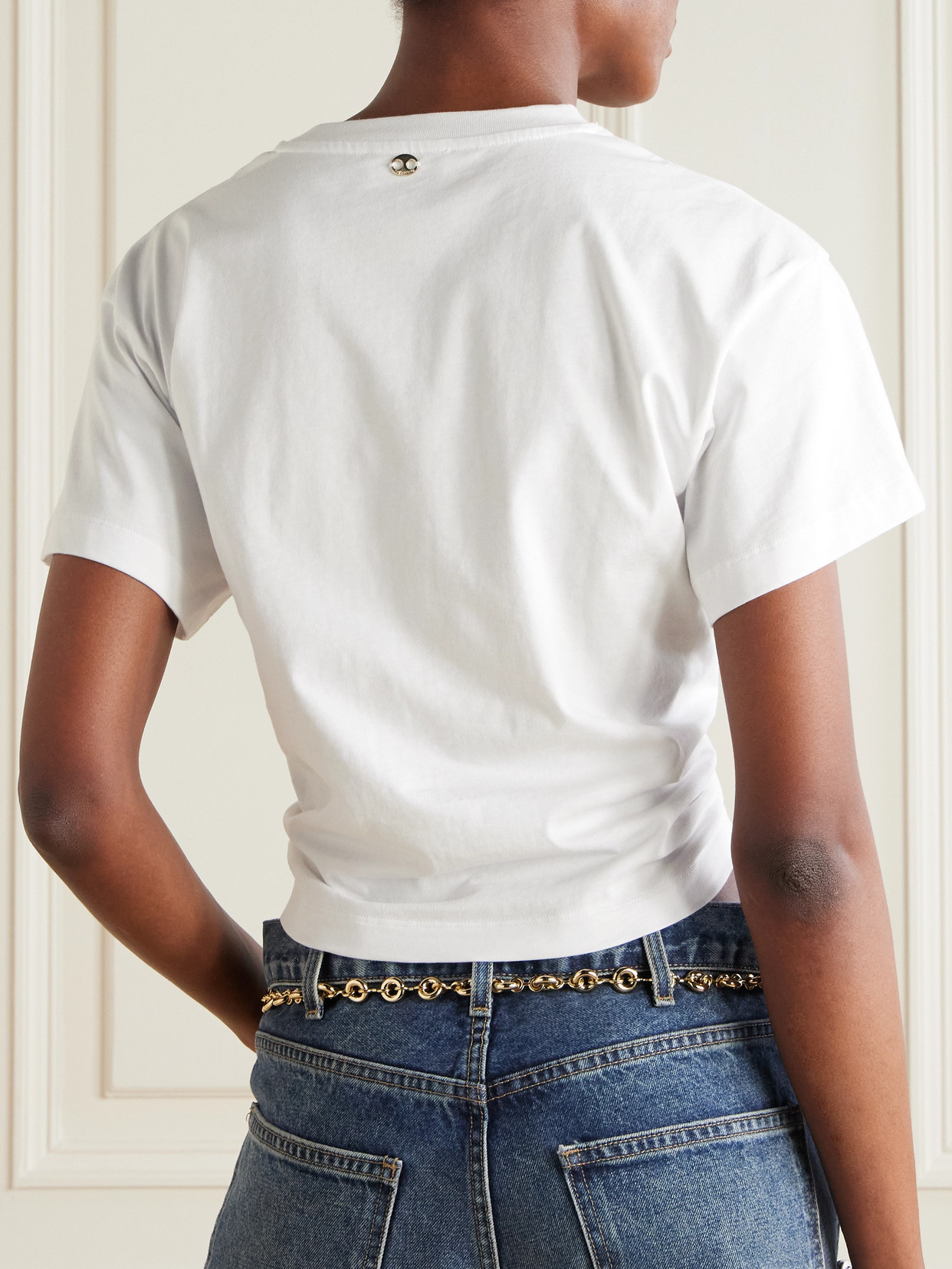 Rabanne White Crewneck Top With Short Sleeves And Ruched Cut-out On The Front In Cotton Woman