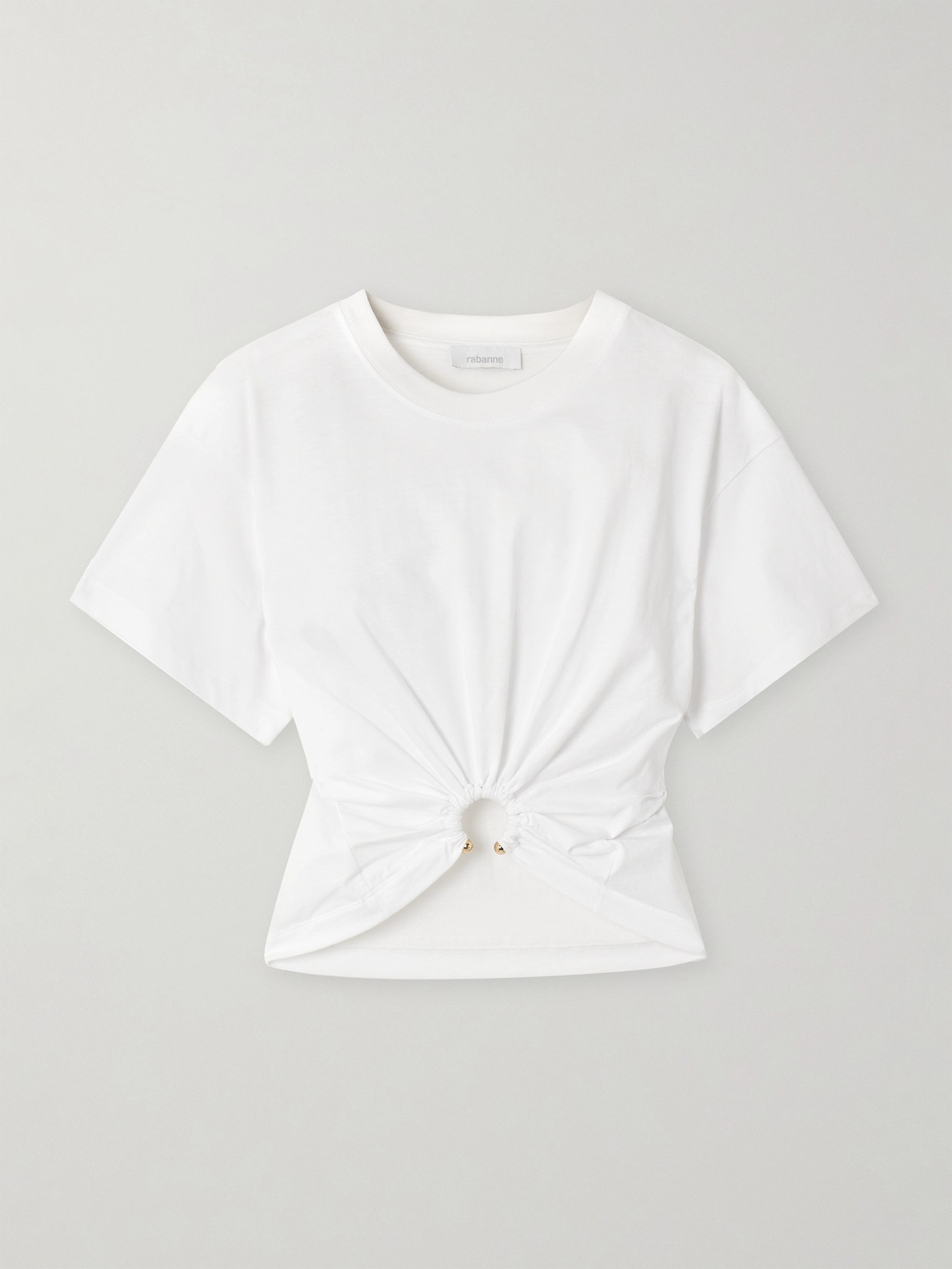 Rabanne Cropped Embellished Gathered Cotton-jersey T-shirt In White
