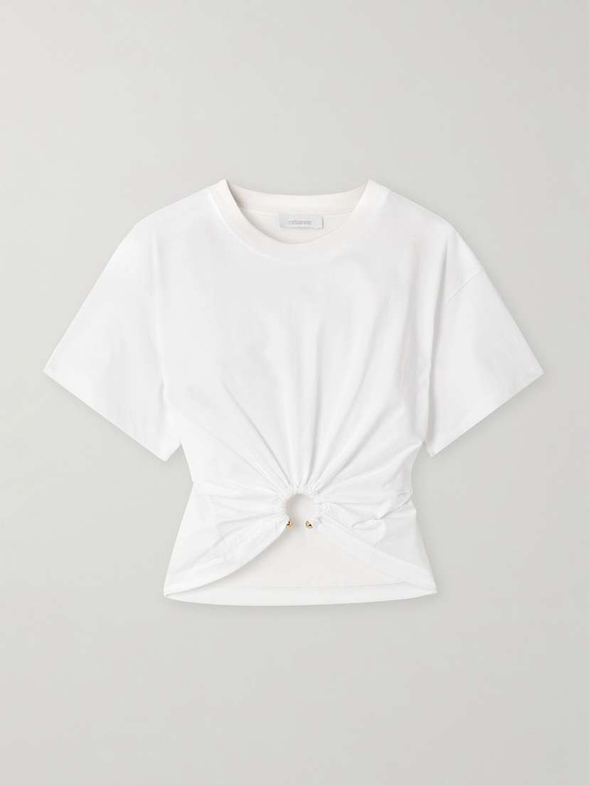 Rabanne Cropped Embellished Gathered Cotton-jersey T-shirt