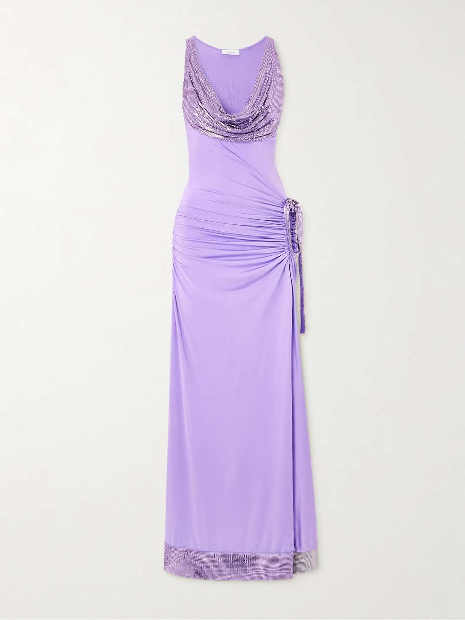 chainmail-trimmed ruched satin-jersey maxi dress