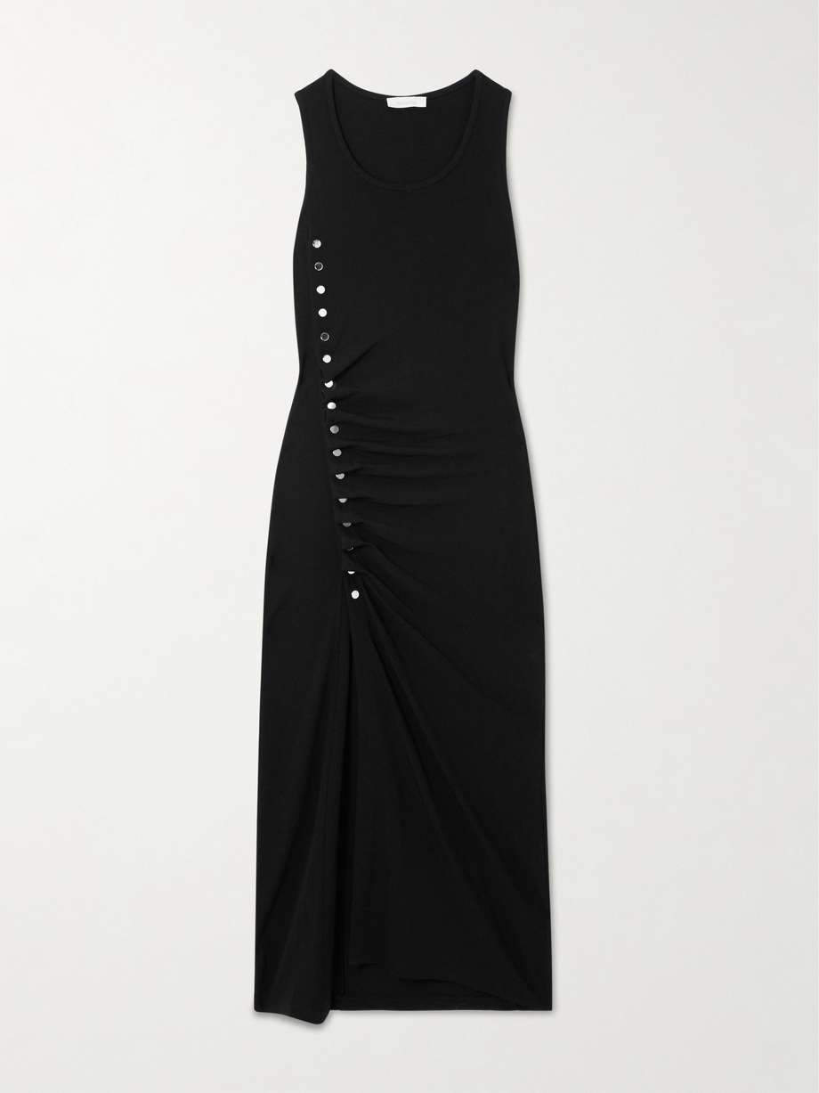 gathered embellished jersey midi dress