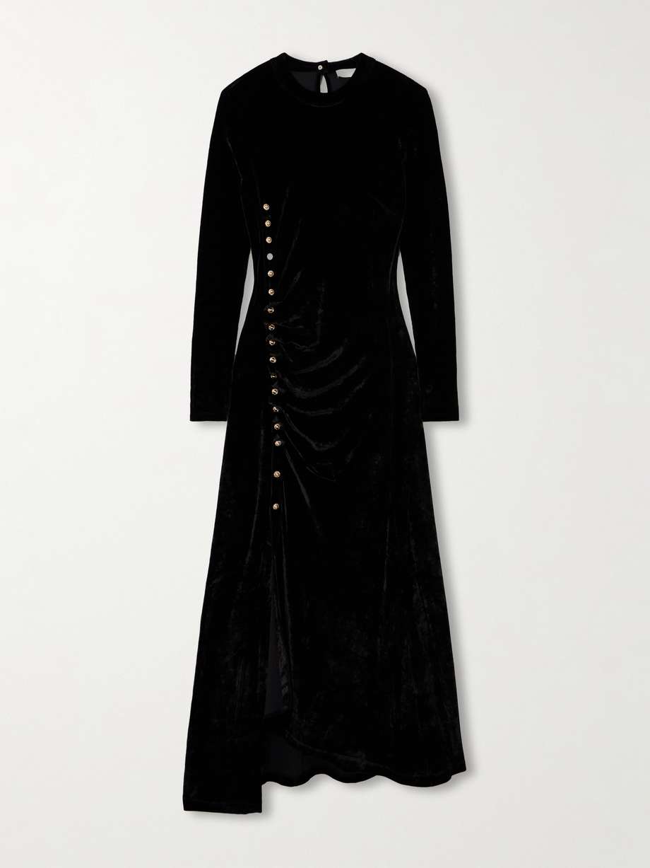 gathered embellished velvet maxi dress