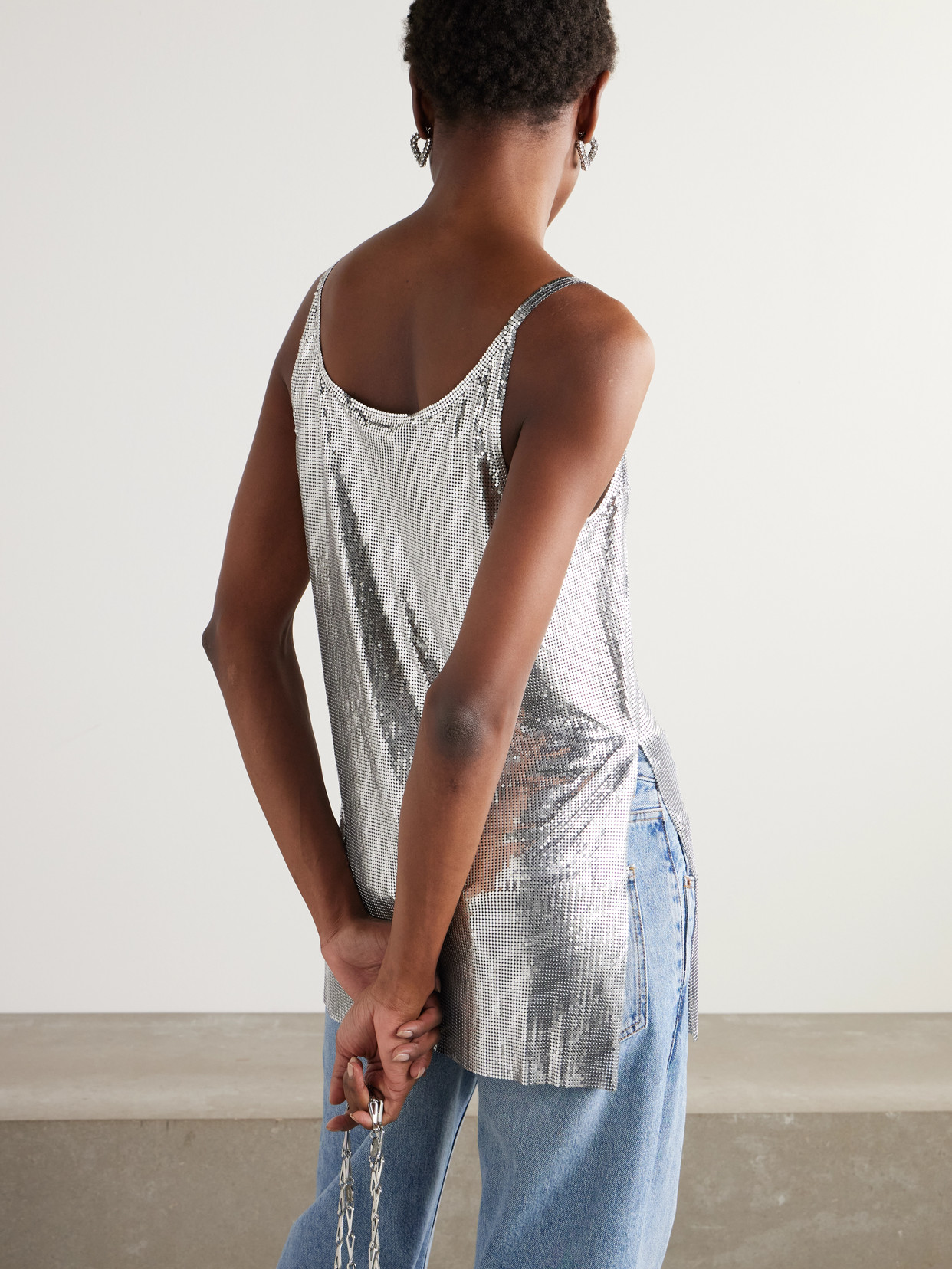 Rabanne Metallic Mesh Tank Top With Side Slits In Silver