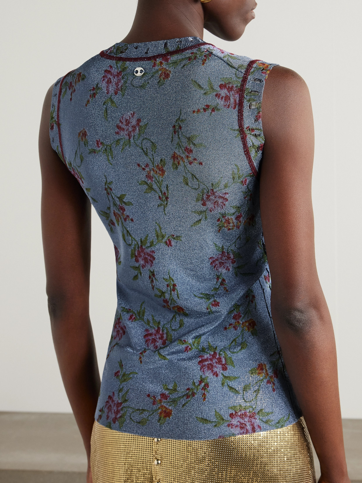 Floral-Print Metallic Knitted Tank