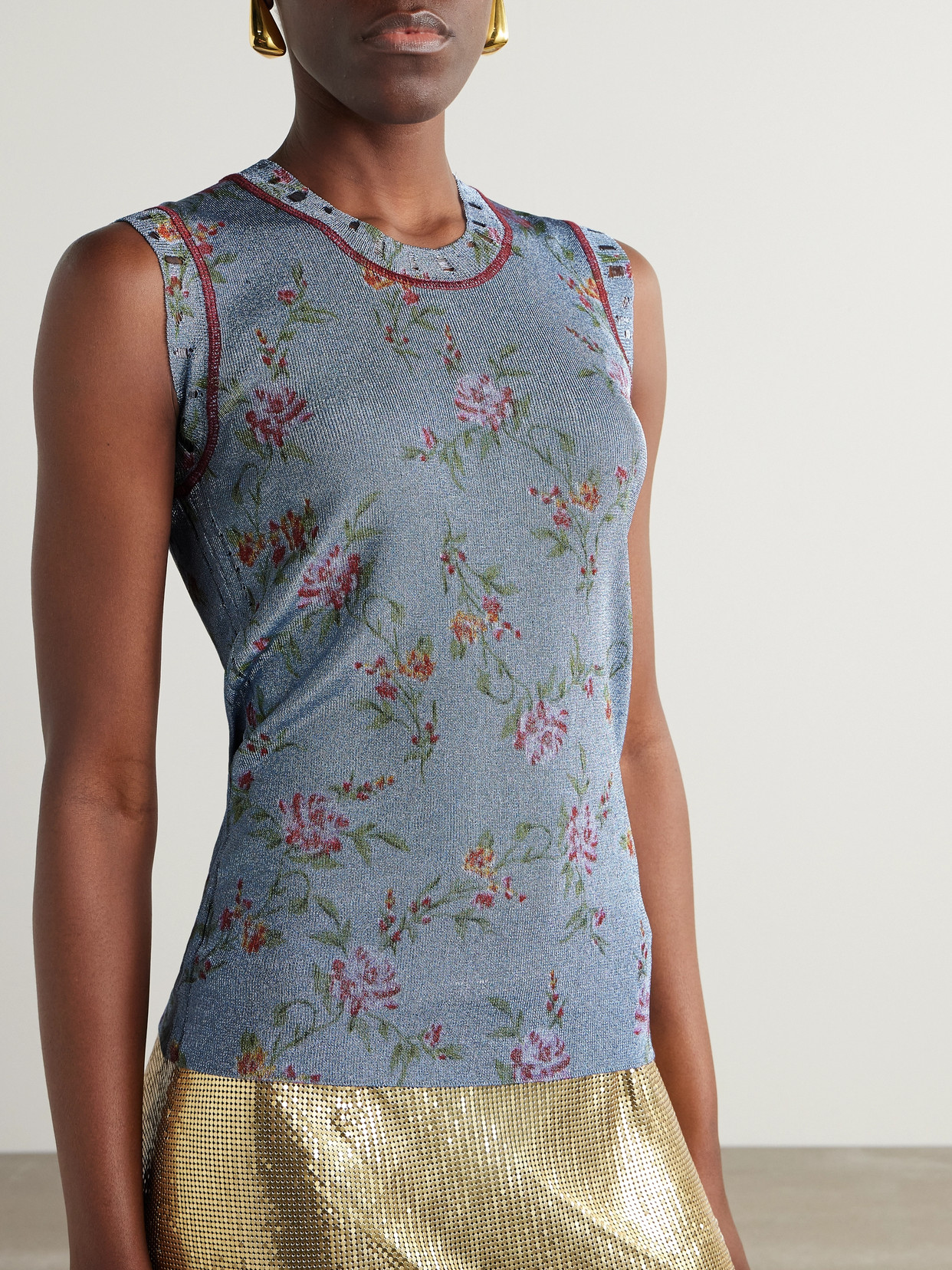 Floral-Print Metallic Knitted Tank