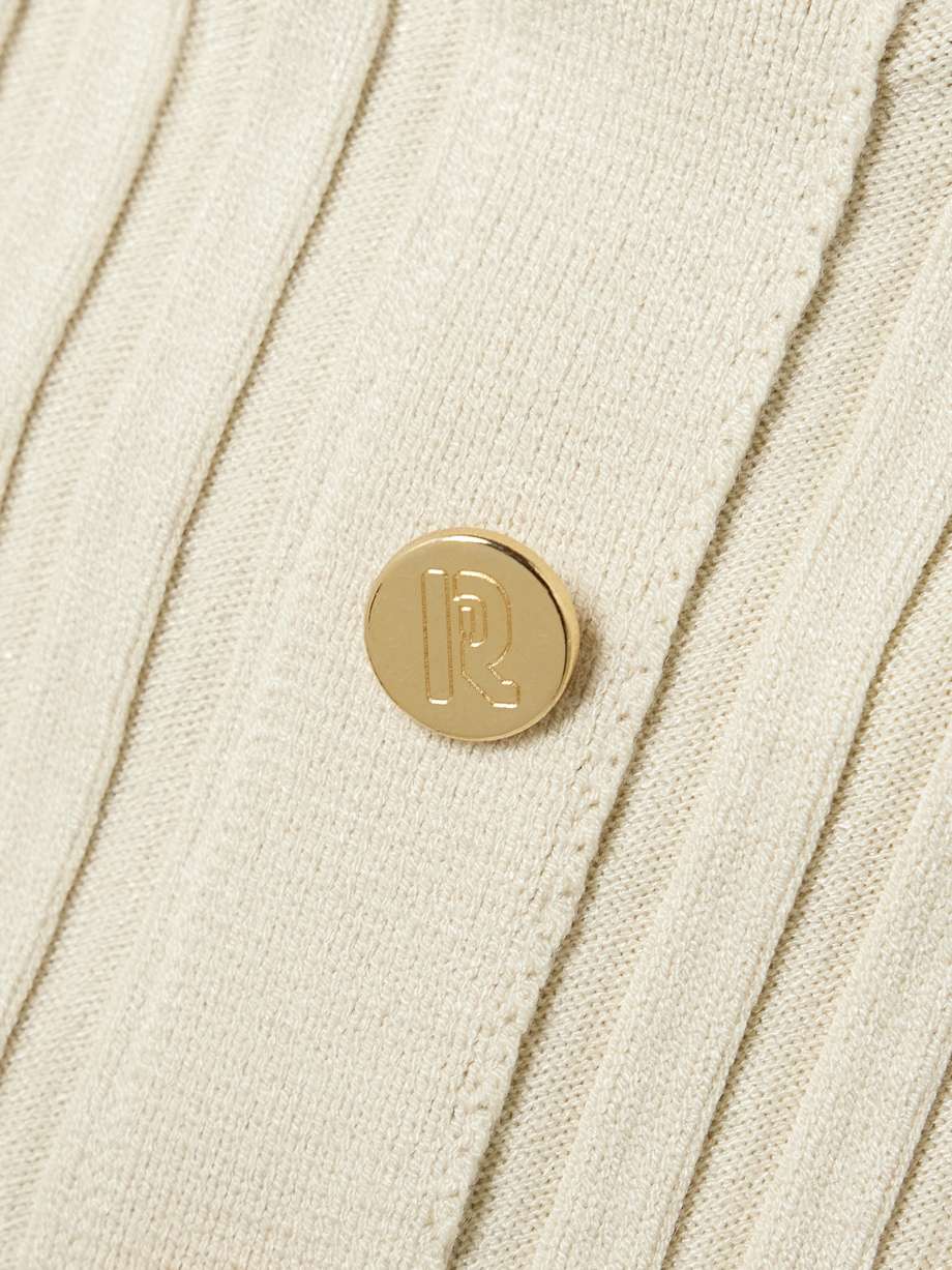 scalloped paneled ribbed-knit midi dress