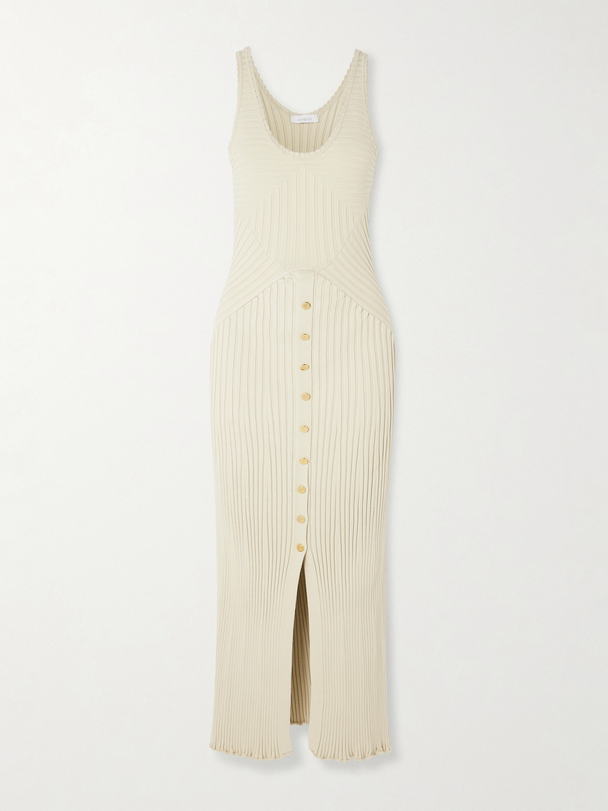 Rabanne Scalloped Paneled Ribbed-knit Midi Dress In Ecru