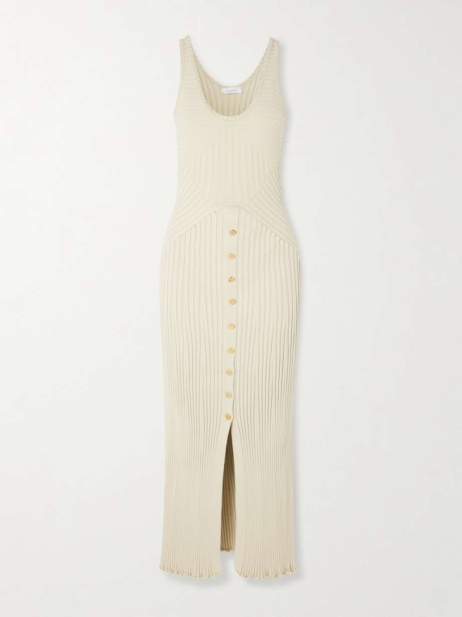 scalloped paneled ribbed-knit midi dress