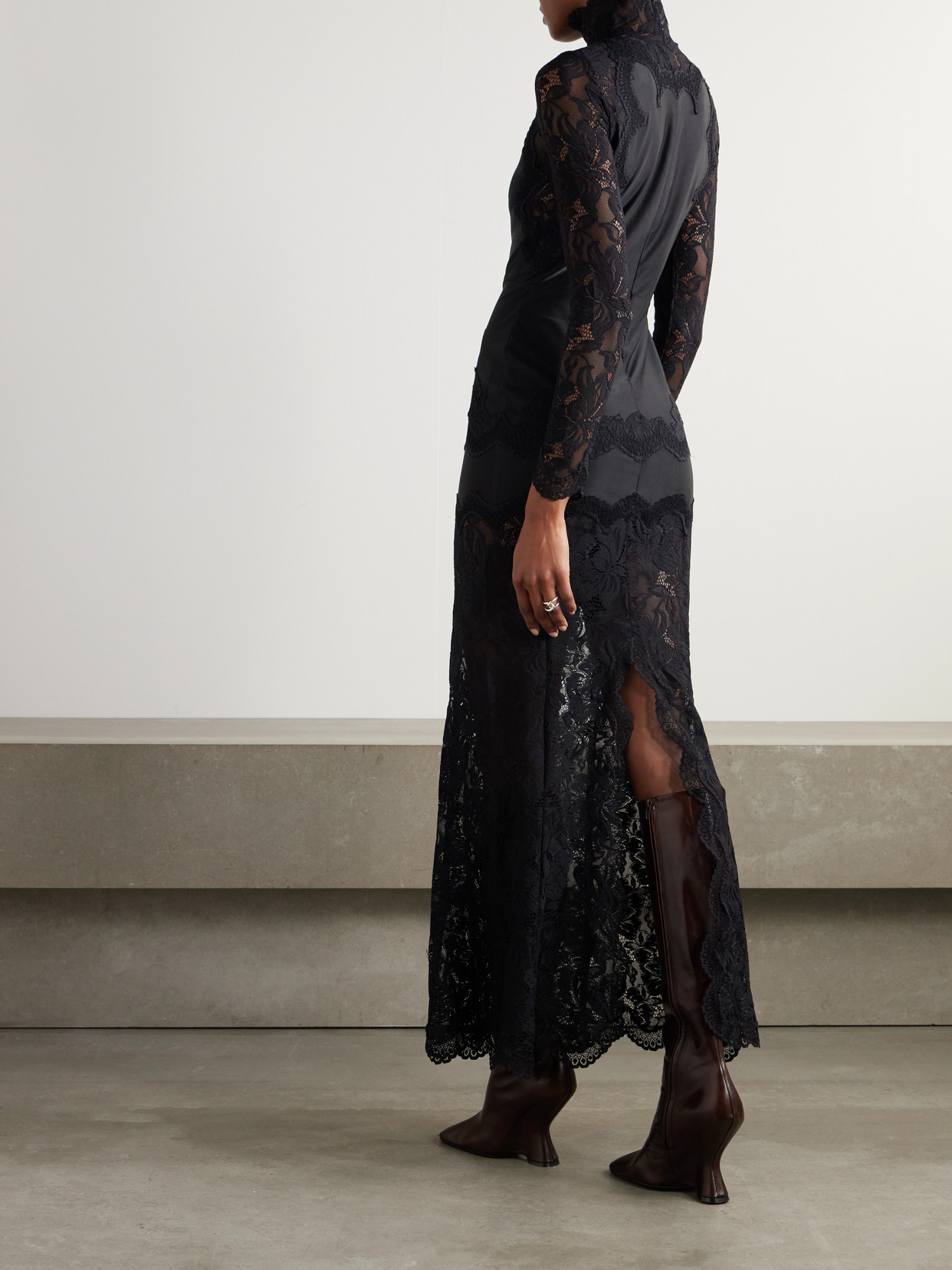 Rabanne Lace-trimmed Silk-satin Maxi Dress In Black