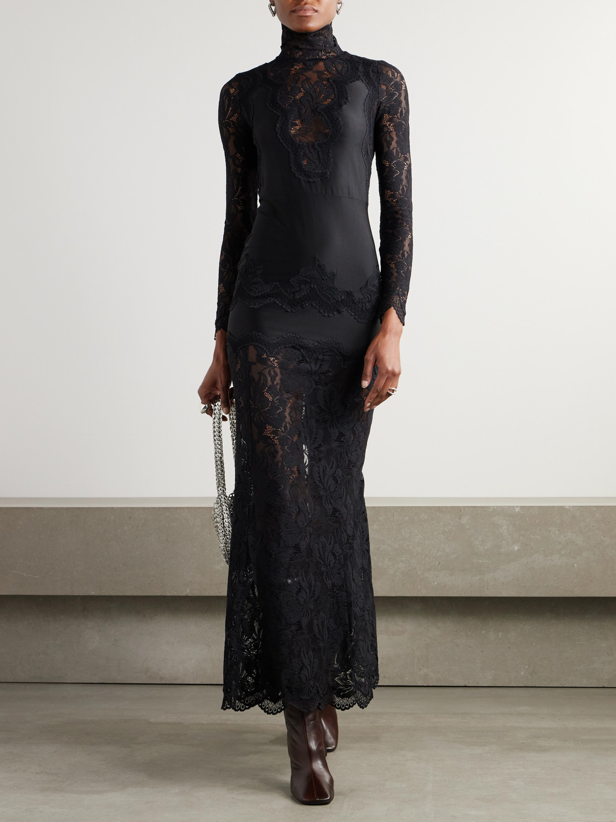 Rabanne Lace-trimmed Silk-satin Maxi Dress In Black