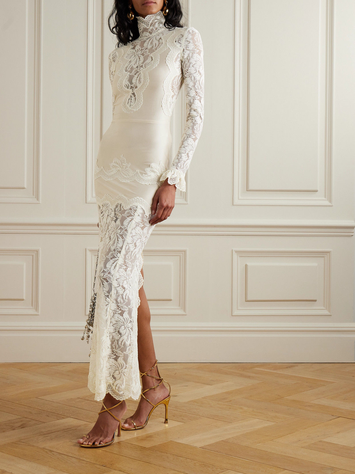 Rabanne Lace-trimmed Silk-satin Maxi Dress In Ivory