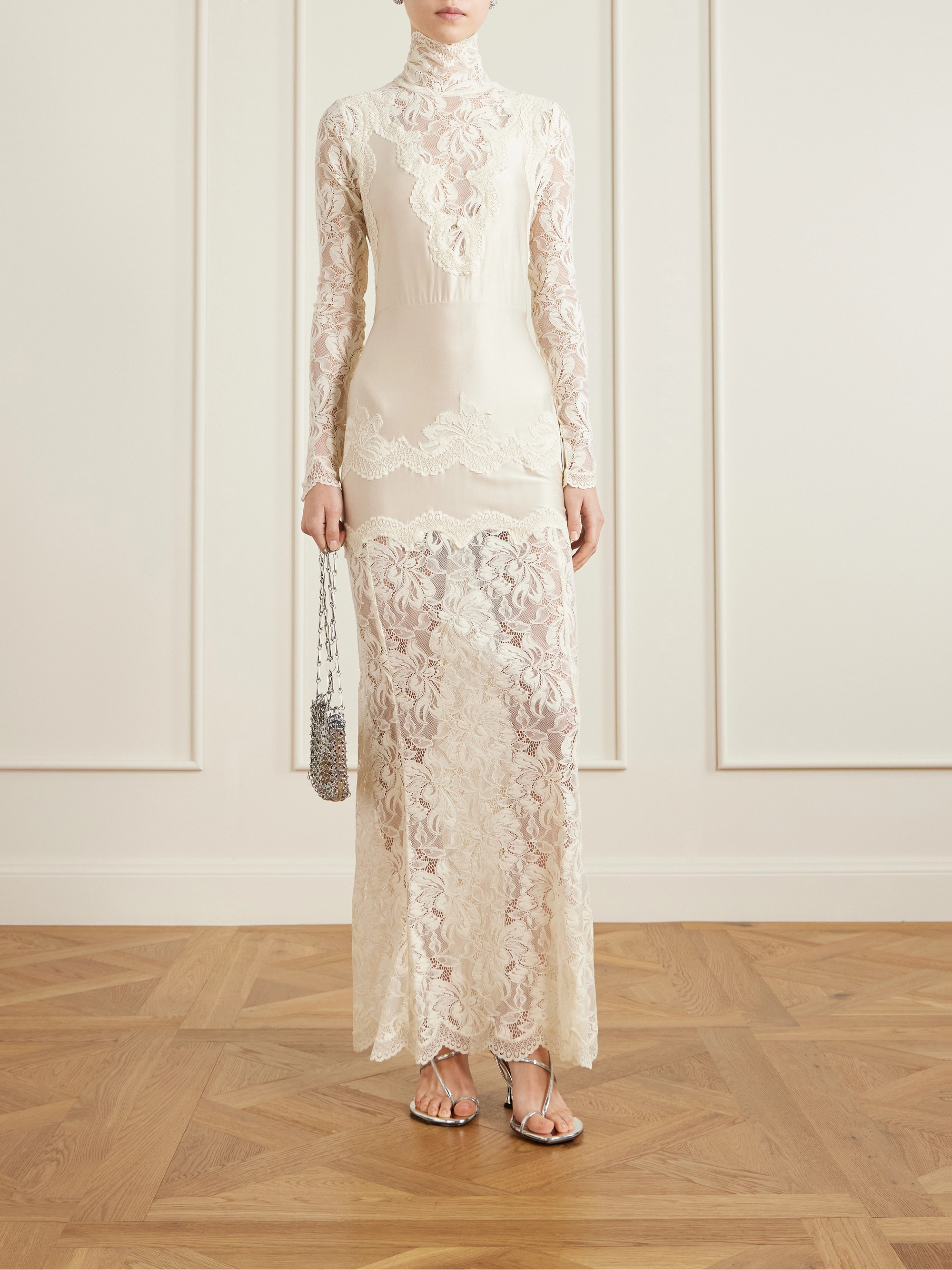 Rabanne Lace-trimmed silk-satin maxi dress