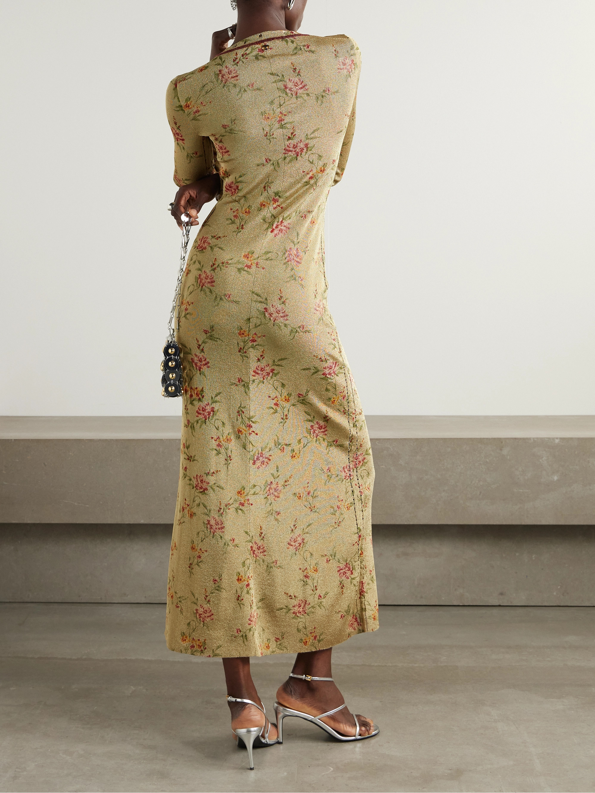 Rabanne Distressed floral-print metallic knitted maxi dress