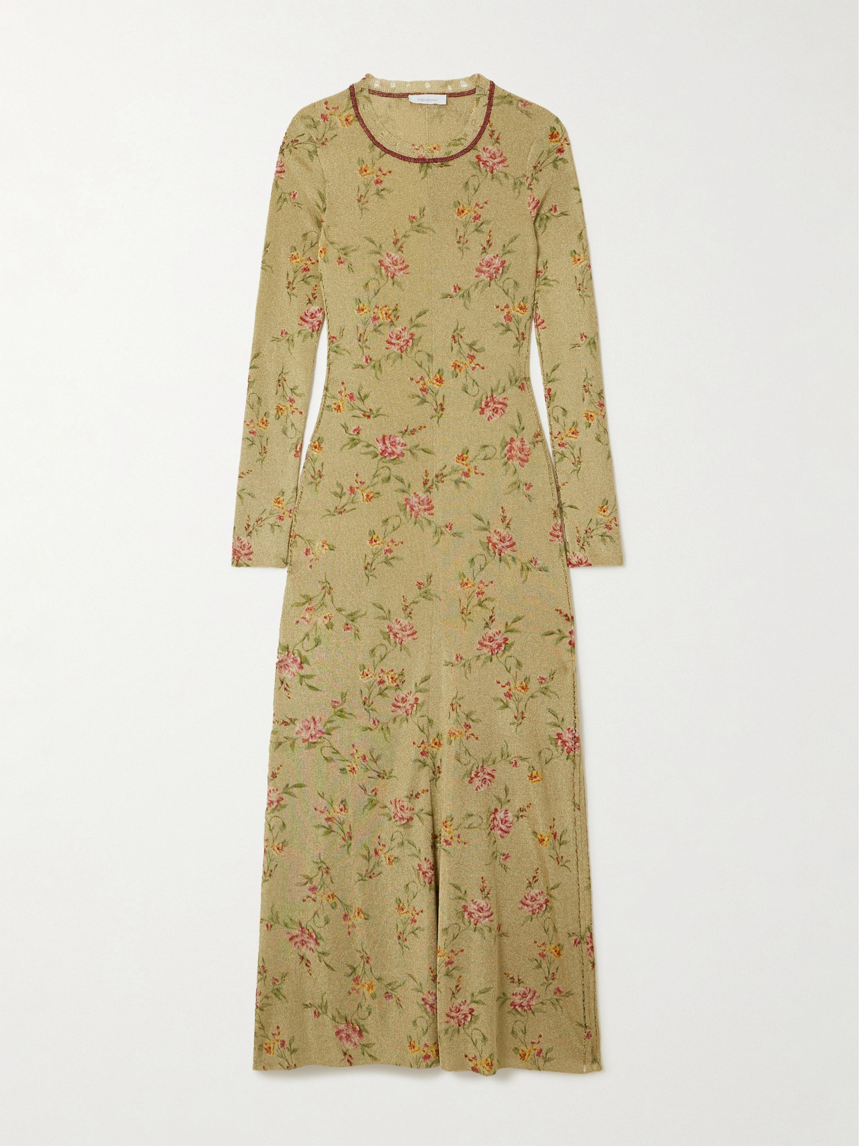Rabanne Distressed Floral-print Metallic Knitted Maxi Dress In Gold