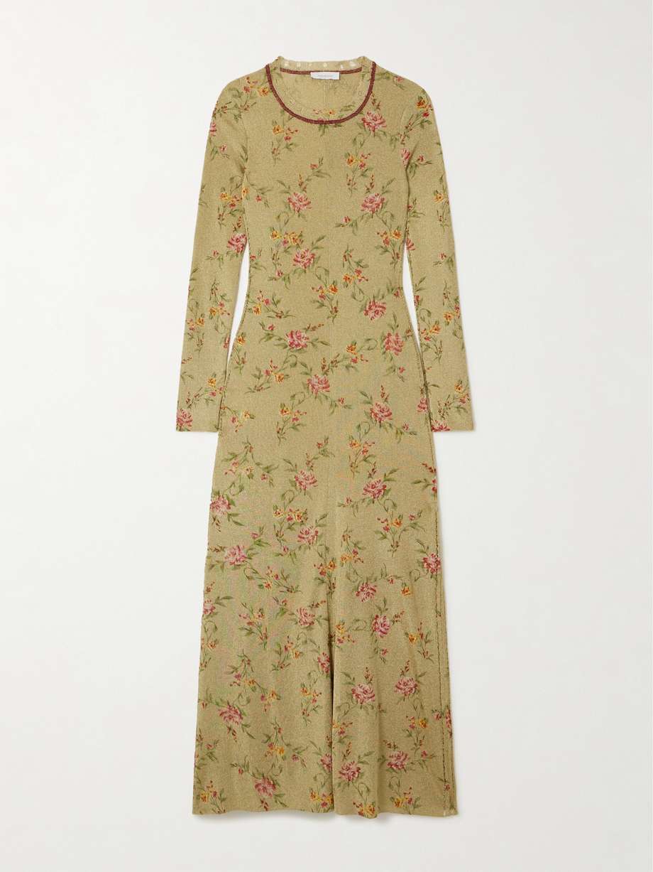 distressed floral-print metallic knitted maxi dress